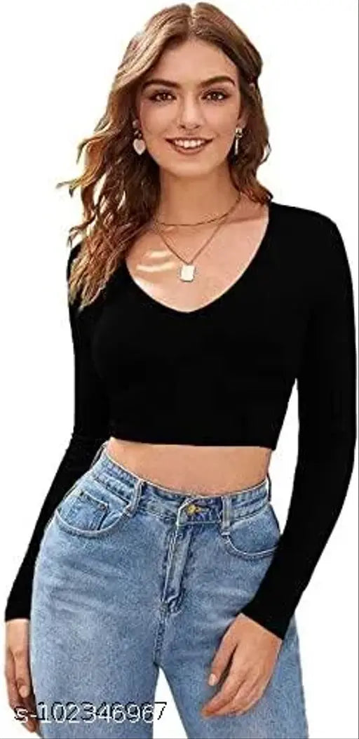 Casual Polyester Blend V-Neck Full Sleeves Black Crop Top (17"Inches)