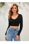 Casual Polyester Blend V-Neck Full Sleeves Black Crop Top (17"Inches)