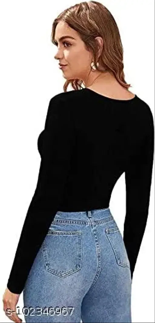 Casual Polyester Blend V-Neck Full Sleeves Black Crop Top (17"Inches)