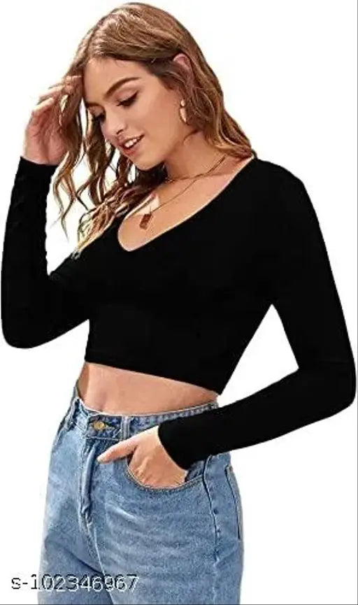 Casual Polyester Blend V-Neck Full Sleeves Black Crop Top (17"Inches)